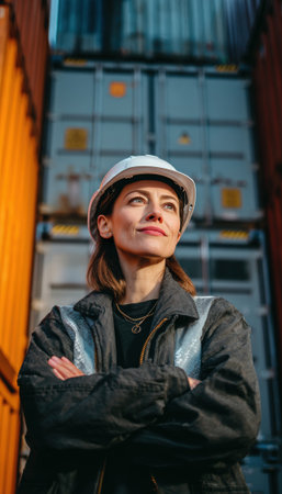 A woman wearing a hard hat stands confidently with crossed arms in front of freight containers, exuding calmness and professionalism in a cinematic workplace setting.の素材