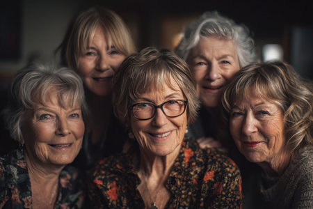 A group of senior women gather together, smiling warmly in a portrait with ambient light and soft shadows, capturing a moment of emotional storytelling and friendship.の素材