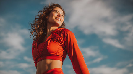 A woman athlete in a red workout outfit smiles confidently after exercising. The bright sky and natural light create a cinematic, motivational tone.の素材