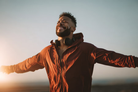 A joyful athlete enjoys an outdoor workout under a clear sky, captured in cinematic lighting. The motivational photography style highlights the athlete's enthusiasm and energy.の素材