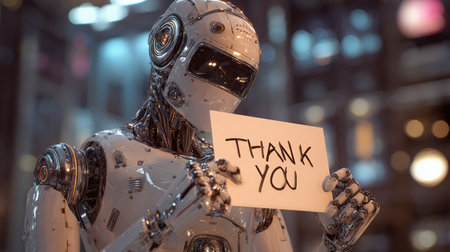 A humanoid robot expresses gratitude by holding a thank you card in a futuristic, cybernetic interior. The scene features cinematic photography with glowing ambient lights.の素材