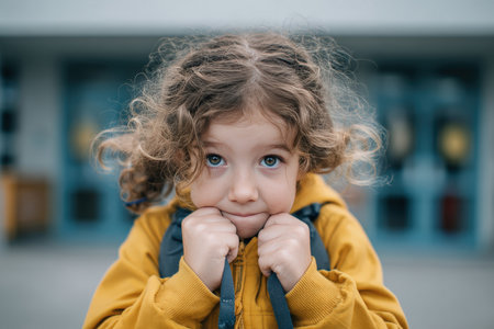 Close-up of a young girl gripping her backpack straps tightly, looking excited and nervous. The blurred school entrance in the background adds depth to the image.の素材