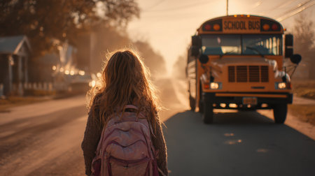 A child with a backpack walks toward a school bus in the bright morning light. The scene captures a story-driven, realistic moment of a typical school day.の素材