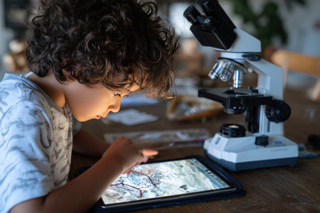 A child uses a tablet with a digital microscope app for a school science project. The home learning setup includes a traditional microscope, enhancing interactive education.の素材