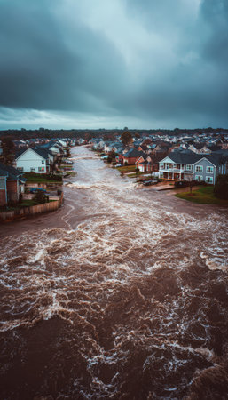 Aerial view of floodwaters inundating a suburban neighborhood, with rooftops visible above the brown current. The dramatic, cinematic style highlights the severity of the flooding.の素材