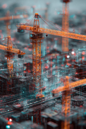 Cinematic 3D rendering of a sci-fi construction site featuring neon holographic cranes and virtual infrastructure, showcasing advanced technology and futuristic architecture concepts.の素材