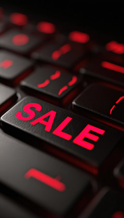 Close-up image of a laptop keyboard featuring a bold red "SALE" message. The minimal design and shallow depth of field emphasize the marketing concept.の素材
