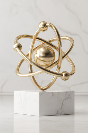 Photorealistic image of a golden atom sculpture trophy on a white marble pedestal. The minimal background and smooth reflections highlight the science achievement concept.の素材