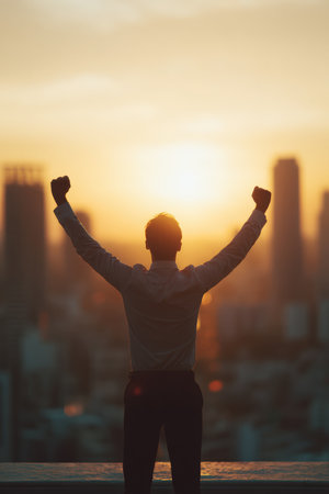 A photorealistic image of an entrepreneur celebrating success on a rooftop, arms raised, during golden-hour sunlight. The scene captures the essence of achievement and triumph.の素材