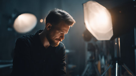 A photographer meticulously adjusts lighting equipment in a studio, showcasing technical mastery and focus. The scene is illuminated with soft, professional lighting, emphasizing expertise.の素材