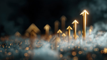 A high-quality 3D render showcasing glowing gold arrows ascending through a misty bokeh background. The image symbolizes success and progress with cinematic lighting and contrast.の素材