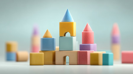 Stylized 3D illustration depicting colorful toy blocks arranged to form a trophy. Set against a soft pastel background, this image embodies child creativity and playful geometry.の素材