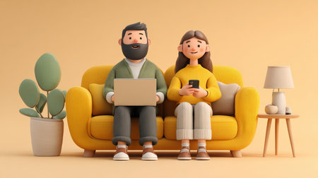 A couple sits on a cozy yellow couch, using a laptop and smartphone to manage their digital budget and transfer money. The scene reflects a modern fintech lifestyle in a warm home setting.の素材