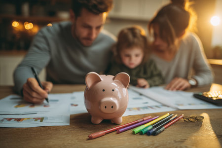 A family sits at the kitchen table, discussing finances with budgeting sheets, colorful markers, and a piggy bank. Parents guide their children in money management under warm evening light.の素材