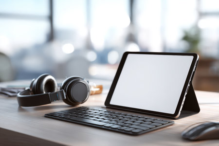 Digital learning workspace featuring a tablet on a stand, keyboard, and headphones on a desk. The blurred background offers space for branding or text placement.の素材