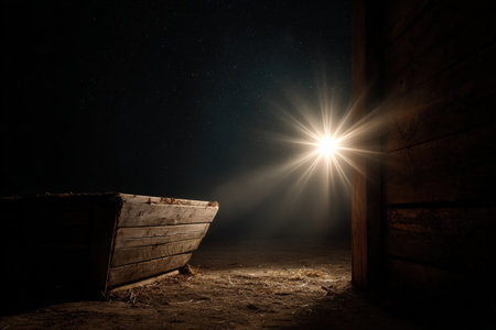 A radiant Star of Bethlehem shines over a simple wooden manger in a tranquil stable, creating a cinematic and peaceful atmosphere under the soft moonlight.の素材
