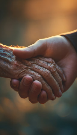 A young person gently holds an older person's hands, bathed in the warm glow of golden hour. The image captures a moment of connection and care with cinematic realism.の素材
