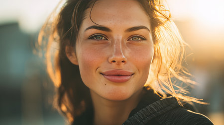 A fit woman smiles confidently in the warm sunlight, captured in soft natural tones and a cinematic style, evoking motivation and positivity.の素材