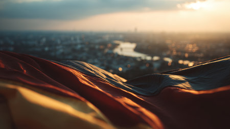 The German flag is illuminated by soft evening light, showcasing detailed fabric folds. A city by the river is visible in the background, creating a cinematic golden hour atmosphere.の素材