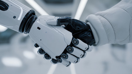 A 3D photorealistic render showcasing a handshake between a human and a white robotic arm with black accents, symbolizing a futuristic alliance in a modern minimalist environment.の素材