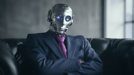 A humanoid robot with a silver metallic face and blue eyes, dressed in a navy suit and purple tie, sits confidently on a black leather sofa in a minimalist office setting.の素材