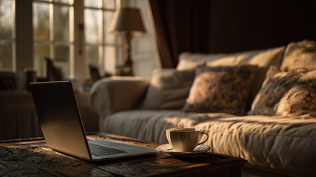 A cozy living room bathed in golden afternoon light features an open laptop displaying a sale ad on a coffee table. The scene captures cinematic marketing realism.の素材