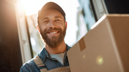 Close-up of a smiling mover carrying a heavy box, with sunlight highlighting his expression. Captured in natural realism, this image conveys warmth and positivity.の素材