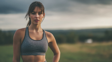 A confident woman in athletic clothing smiles under an open sky, captured in soft natural light. The image conveys a sense of freedom and cinematic realism in an outdoor setting.の素材