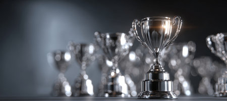 Photorealistic image of trophies arranged in a line, with one trophy glowing brightest. Features shallow depth of field and metal reflections against a gradient backdrop.の素材