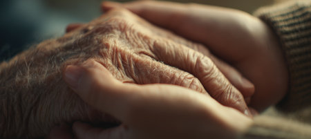 A young person gently holds an elderly hand, capturing a moment of connection and care. The image features soft, warm tones, highlighting the emotional depth and humanity of the scene.の素材