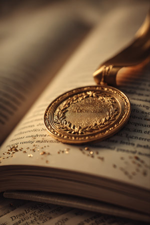Photorealistic macro image of a gold medal resting on an open book, captured with shallow depth of field and warm lighting. Symbolizes academic excellence with a clean background.の素材