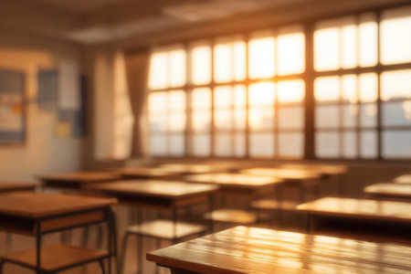 A softly blurred classroom scene featuring rows of desks illuminated by warm window light. The shallow focus is ideal for text placement or UI design, creating a serene atmosphere.の素材