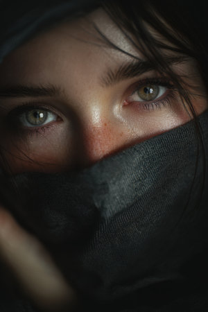 A realistic portrait capturing a person with bright eyes partially covered by a mask. The image conveys endurance through expressive emotion, using shallow focus and moody lighting.の素材