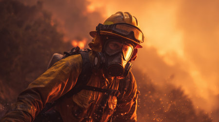 A firefighter in heavy gear and respirator mask sprays water toward a raging wildfire. The scene captures the glowing fireline and smoke haze, creating a dramatic, cinematic effect.の素材