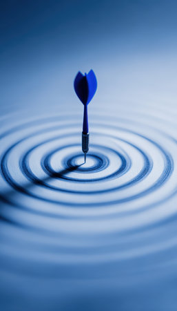 A blue dart precisely hits the bullseye, casting soft shadows in this minimalist fine art photograph. The image symbolizes focus and accuracy with a serene blue color palette.の素材