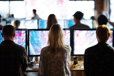 A group of creative designers focuses on a live poster design event in a modern workspace. Large digital screens display vibrant designs, showcasing teamwork and concentration.の素材