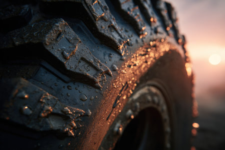 Close-up image of an all-terrain tire covered in rain droplets and sand particles, illuminated by sunrise backlight, creating a cinematic adventure atmosphere.の素材