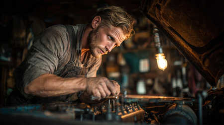 An Eastern European mechanic with rugged hands works on a vintage car engine in a rustic garage. The scene is illuminated by nostalgic vintage lighting, creating a cinematic atmosphere.の素材