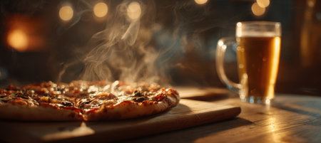 Close-up image of a hot pizza with steam rising from the cheese, paired with a glass of beer on a wooden board. Captured in warm ambient pub lighting, showcasing cinematic realism.の素材