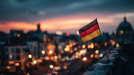 A German flag waves against a vibrant sunset sky, with an urban landscape and dome silhouette in the background. The scene features cinematic bokeh, creating a warm, glowing ambiance.の素材