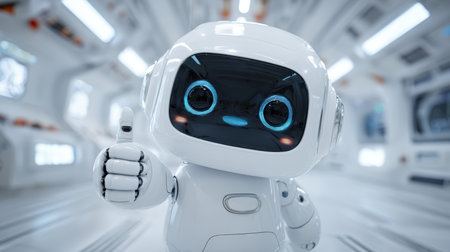 A cheerful cartoon robot with large expressive eyes and a white body gives a thumbs up in a tech-inspired, futuristic setting. The vibrant lighting enhances the 3D animation style.の素材