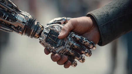 Realistic close-up of a robot and human handshake, showcasing advanced mechanical fingers meeting warm human skin against a clean, neutral background with a cinematic tone.の素材