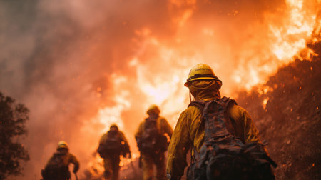 A group of wildland firefighters in yellow helmets confront a fierce wildfire on a hillside. The scene captures intense flames and smoke, highlighting their determination and bravery.の素材