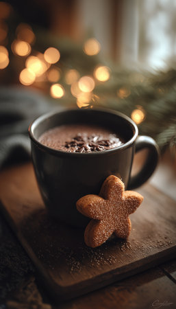 A gingerbread cookie rests on a mug of cocoa, set on a wooden table. The scene is illuminated by warm, cinematic winter morning light, creating a cozy and inviting atmosphere.の素材