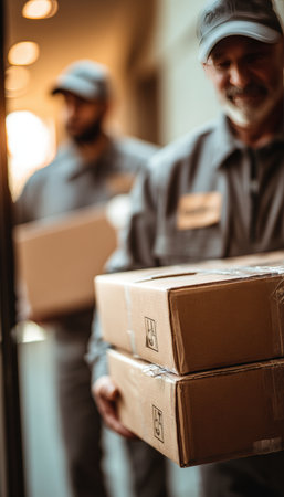 Professional movers in gray uniforms carefully handle packages in a warm, softly lit environment. The image captures the essence of occupational photography with a shallow depth of field.の素材