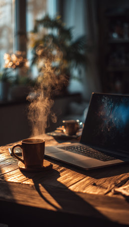 Warm-toned lifestyle photo of a laptop displaying sale graphics on a wooden table in a stylish home office. Steam rises from a coffee mug, creating a cozy atmosphere.の素材