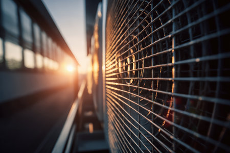 Close-up image of a high-efficiency, eco-friendly air conditioning unit with sunlight reflections, highlighting environmental technology and sustainable energy solutions.の素材