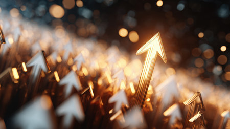Golden 3D arrow pointing upward among white arrows, symbolizing growth and success. Features glowing bokeh background, futuristic digital style, and cinematic lighting.の素材