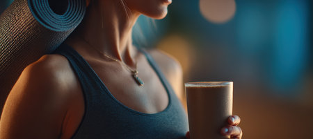 Cinematic close-up of a woman holding a smoothie with a yoga mat on her shoulder. The image features soft indoor lighting and a shallow depth of field, creating a serene atmosphere.の素材