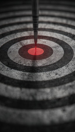 A cinematic photo-realistic image of a dart perfectly centered on a target's bullseye, symbolizing precision and focus. The simple geometry enhances the visual impact.の素材